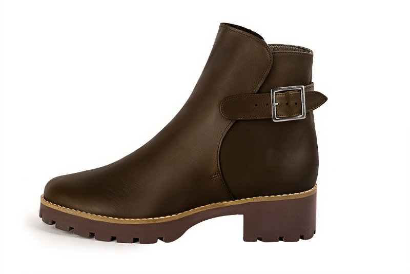 Bottines élégantes et raffinées avec des boucles à l'arrière, coloris marron ébène. Bout rond. Semelle gomme mi-haut. Personnalisation : Choix des cuirs, des couleurs et des talons. Cou-de-pied sur mesure. - Florence KOOIJMAN